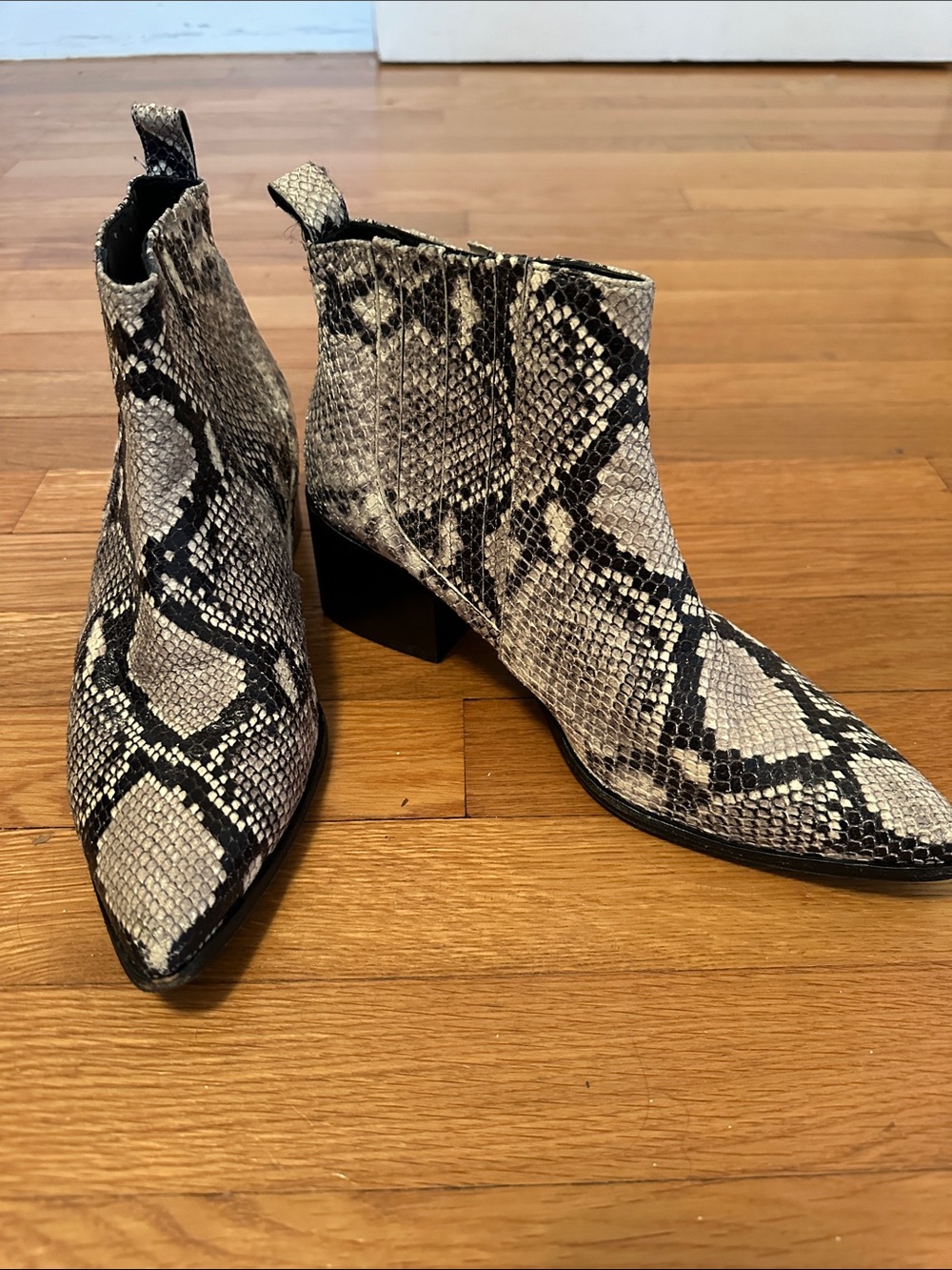 M. Gemi Snake-Print Pointed Ankle Boots in Beige and Black